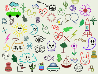  Colorful funny children doodle icon. Cute happy kid drawing symbol wallpaper print