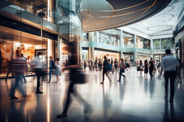 People in luxury shopping mall. motion blur. Generative AI