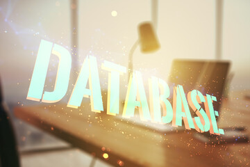 Poster - Double exposure of Database word sign on laptop background, global research and analytics concept