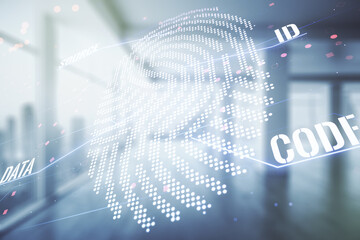 Aufkleber - Abstract virtual fingerprint illustration on modern interior background, personal biometric data concept. Multiexposure