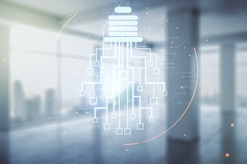 Poster - Double exposure of virtual creative light bulb hologram with chip on empty modern office background, idea and brainstorming concept
