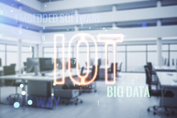 Poster - Abstract virtual IOT hologram on a modern furnished office background. Multiexposure