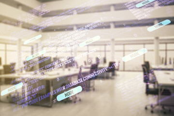 Poster - Double exposure of abstract creative programming illustration and world map on a modern furnished office interior background, big data and blockchain concept