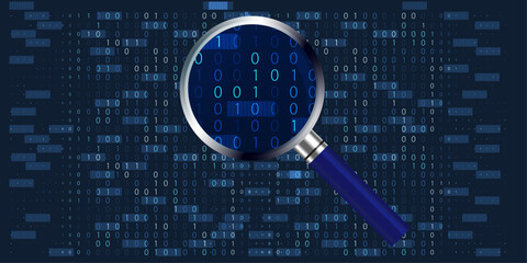 Exploring, Examining and scanning Binary Code with a Magnifying Glass. Code search template. Binary code backdrop with magnifier. Research and computing concept. Vector Illustration.
