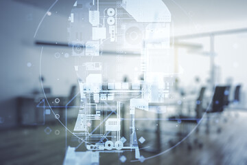 Poster - Double exposure of creative artificial Intelligence hologram on modern corporate office background. Neural networks and machine learning concept