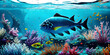 Fantastic underwater world with fish and seaweed, multicolor illustration, ai generated