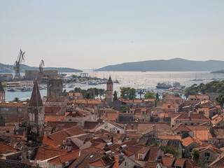 Aerial view from clock tower of Trogir medieval town in Dalmatia Croatia UNESCO World Heritage Site Old city and building detail