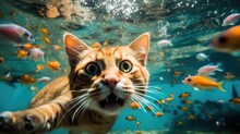 A Huge Tabby Cat Swimming In The Bright Blue Water, Diving Under Water