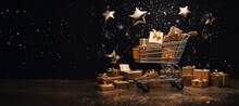 Generative AI, golden shopping cart with many gift boxes on dark background with glittered bokeh, Black Friday concept, discount and sale.