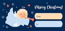 Merry Christmas Gift Card Tag. Little Cartoon Angel Girl With Trumpet. Xmas Horizontal Postcard. Vector Illustration. Cute New Year Kids Collection.