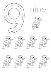 Wall Mural - Flashcard number 9. Preschool worksheet. Cute cartoon kookaburra.