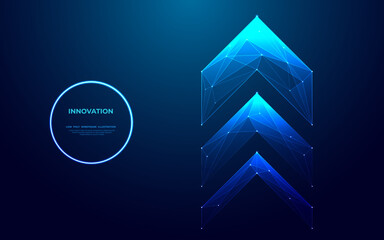Leinwandbilder - Growth Arrow Up in technology blue on a dark background. Light arrow as a symbol of rapid growth and high speed. Abstract digital boosting concept. Futuristic low poly geometric vector illustration.