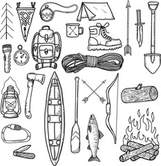 Wall Mural - Hiking, summer camp emblems and design elements. Rope, campfire, backpack, lamp. Design elements for logo, label, emblem, sign. Vector illustration