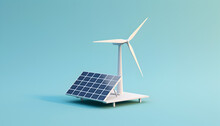 Conceptual Background Of Environmental Conservation And Renewable Natural Energy, 3D Model Of Solar Panel And Wind Turbine On Pastel Blue Backdrop.