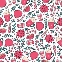 Wall Mural - Christmas gift wrapping paper, textile print, wallpaper, background, scrapbooking paper design with doodles of coffee, candy cane, mistletoe branches and berries. EPS 10