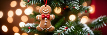 Gingerbread Man Cookie Hanging In Decorative Christmas Tree. Bokeh Lights With Copy Space Decoration In Festival Period. Closeup Magic And Fairy Tree As Colorful Background Or Wallpaper New Year. AI G