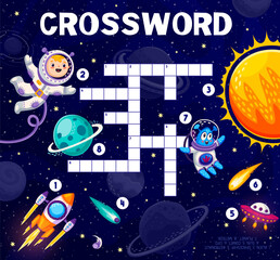 Poster - Space crossword quiz game. Word search playing activity, vocabulary crossword game vector worksheet with rocket and UFO in starry galaxy, alien and boy astronaut funny characters, Solar System planets