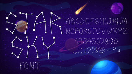 Wall Mural - universe type, star space font. starry typeface, galaxy english alphabet, vector typography. star co