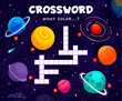 Crossword quiz game to find color of space planets and stars in cartoon starry galaxy, vector worksheet. Kids crossword puzzle game to guess color words of galactic planets in outer space sky