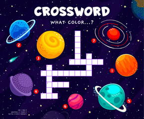 Poster - Crossword quiz game to find color of space planets and stars in cartoon starry galaxy, vector worksheet. Kids crossword puzzle game to guess color words of galactic planets in outer space sky