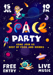 Kids space party flyer. Cheerful spaceman, funny alien, UFO and rocket, cartoon space planets and stars on fantasy galaxy landscape vector background. Kids birthday party poster with cosmic characters