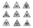 Illuminati eyes with mason pyramid. Triangle providence symbol, occult tattoo. Masonic lodge hand drawn vector symbol, esoteric and occult engraved tattoo or mystic seals set with eyes in pyramid