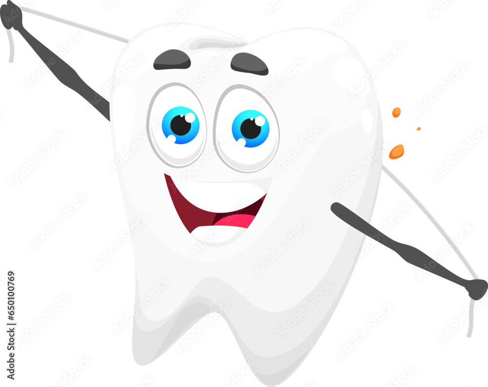 Cartoon tooth character with dental floss cleaning teeth for hygiene ...