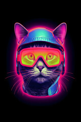 Wall Mural - Portrait of futuristic retro cat on black background. Abstract animal artwork