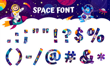 Poster - Space font punctuation marks and symbols of cartoon galaxy universe type, vector typeface. Kid typeset font of punctuation marks, question and exclamation signs, commas and text brackets with percent