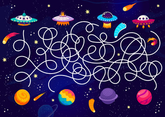 Aufkleber - Labyrinth maze quiz game. Help to UFO saucer find a home planet kids puzzle vector worksheet on starry space landscape background. Cartoon comets, stars and nebulae, planets and alien spacecraft game