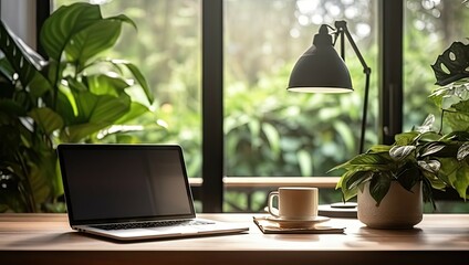 Poster - laptop and coffee cup on wooden table near window in room. productive mornings. stylish workspace to