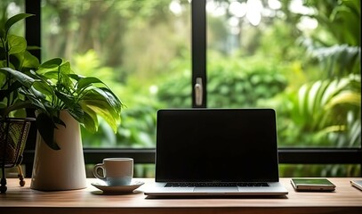 Poster - laptop and coffee cup on wooden table near window in room. productive mornings. stylish workspace to
