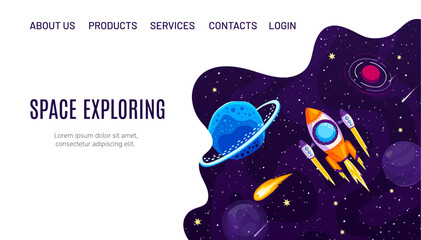 Poster - Galaxy space adventure landing page with cartoon flying spaceship at starry galaxy, vector website background. Rocket in outer space to galactic planets for website landing page with menu buttons