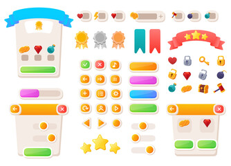 Game UI buttons. Mobile application or game interface elements. Cartoon colorful design. Progress bar, panel and indicators. Video gaming menu kit. Isolated medals and prizes