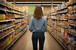 a young woman standing in a supermarket in the aisle with her back turned to the camera ready to shop or supervise the grocery store