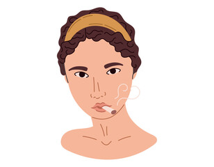 Wall Mural - Head of a young cartoon woman with a cigarette. Portrait of a beautiful modern girl smoking. Bad habits concept. Vector isolated flat illustration.