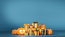 Autumn Halloween Background With Pumpkins And Pile Of Gift Boxes. Dark Blue Color, Night Lighting. 3D Illustration.