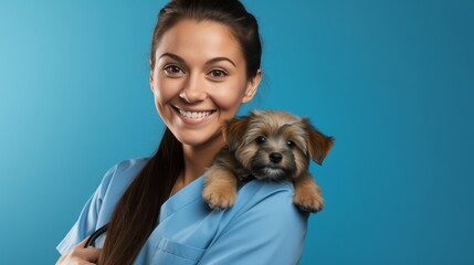 Wall Mural - Animal Care: Veterinarian and Puppy on Blue Background