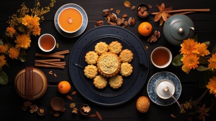 Wall Mural - Minimalist Mid-Autumn Tea Party: Top View of Mooncake and Tea Table in Stylish Simplicity