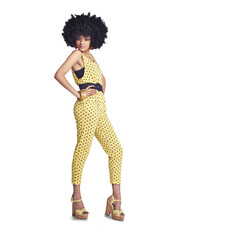 Poster - Afro, retro fashion or portrait of woman in a cool or trendy outfit isolated on transparent PNG background. Girl, full body or biracial person with confidence, vintage style or 70s funky jumsuit