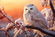 White Owl Perched On A Tree Branch In A Winter Snow