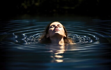 Wall Mural - Baptism. Portrait of young woman with closed eyes  in the water. Body fully immersed.