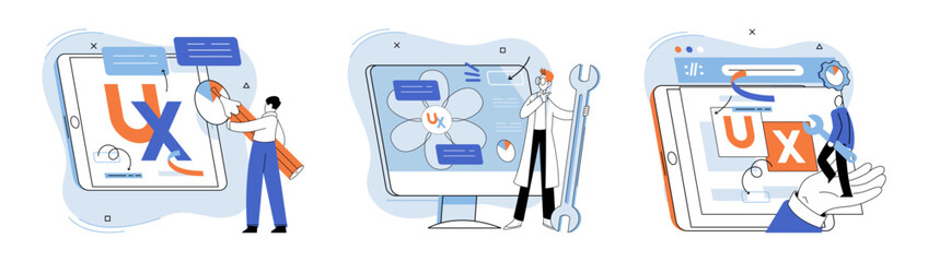 User experience design. Vector illustration. UX UI design, recipe for crafting software that users love User experience design, process of curating user interface that users enjoy UX, roadmap