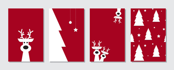 Wall Mural - set of Cute Christmas reindeer on a red background. Christmas background, banner, or card collection.