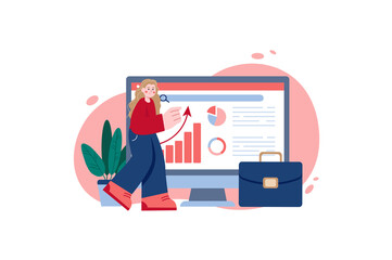 Aufkleber - Business planning red concept with people scene in the flat cartoon design. Business woman work on planning her events and tasks on the computer.  illustration.