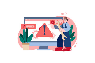 Poster - Technical support red concept with people scene in the flat cartoon style. Technician came to fix all the errors in the computer settings.  illustration.