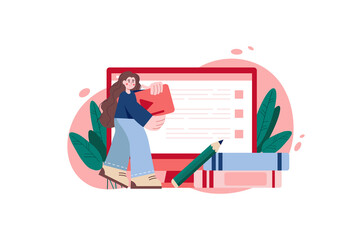 Aufkleber - Online education red concept with people scene in the flat cartoon style. Girl studies online and get knowledge into computer.  illustration.