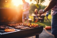 Bbq With Grill And Grilling Meat With Barbecue Grilling Outdoors.