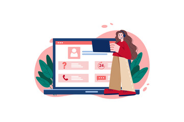 Poster - Support red concept with people scene in the flat cartoon style. Employee accepts applications for customer calls and calls back.  illustration.