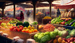 Weekly bazaar, market with various vegetables and fruits, digital illustration.